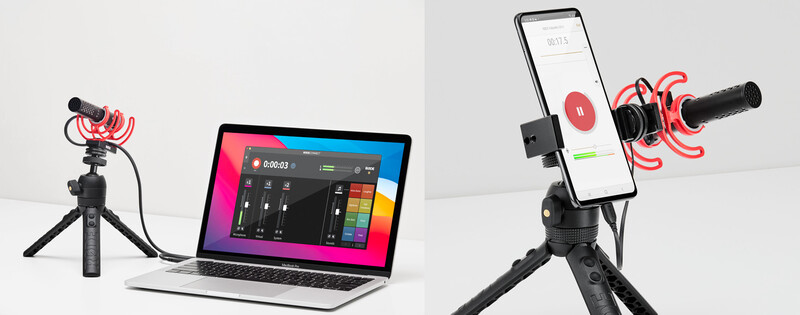 Mobile content creation setup showing microphone, laptop, and smartphone on tripods with audio recording software displayed.