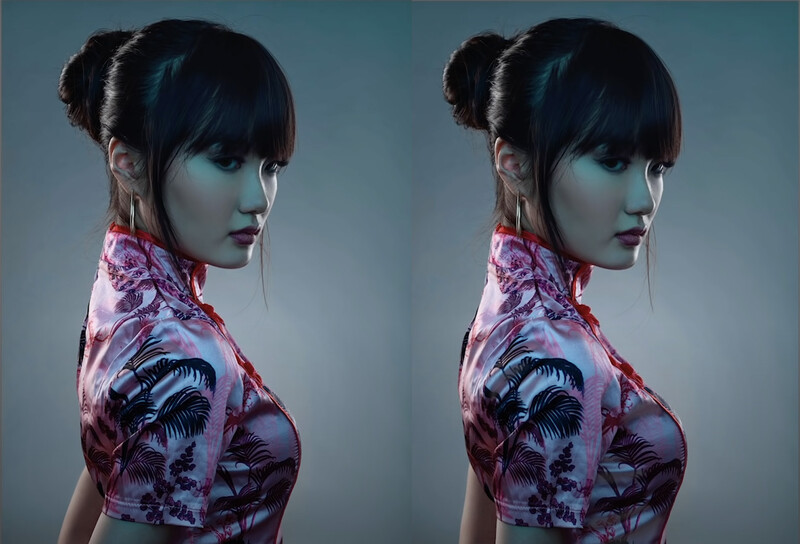 Side-by-side comparison of a woman in a pink and black patterned jacket against a blue-gray background.
