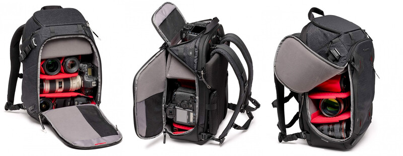 Three views of an open camera backpack displaying interior compartments with red padded dividers holding photography equipment.