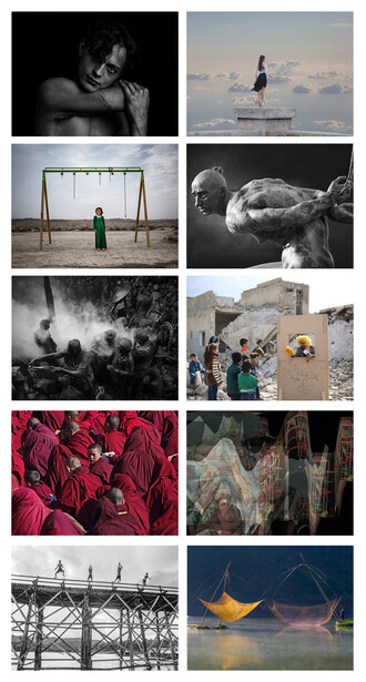 Grid of ten black and white and color photographs showcasing diverse photographic subjects and styles.