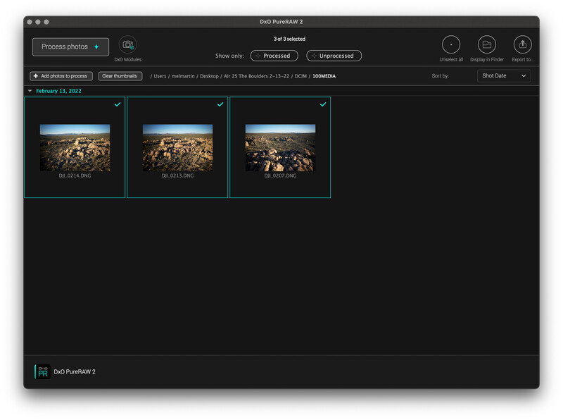Screenshot of DaVinci Resolve video editing interface showing three aerial landscape footage clips in the media bin.