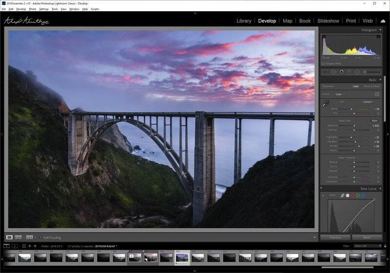 Screenshot of Lightroom's Develop module showing a dramatic bridge at sunset with purple and orange sky.