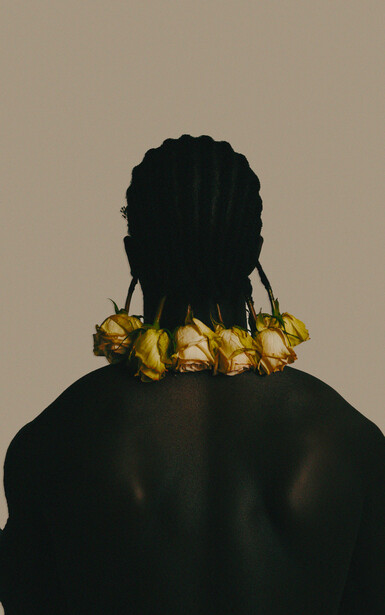 Back view of person with braided hair adorned with gold foil decorations against neutral background.