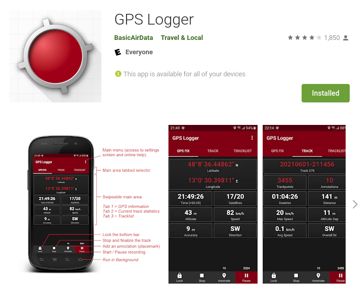 Screenshot of GPS Logger app interface showing multiple device screens with location tracking data and statistics.