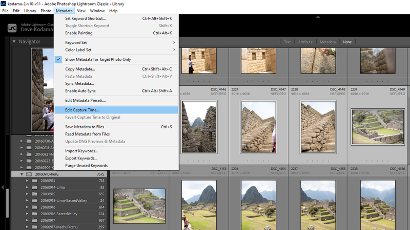Screenshot of Adobe Lightroom Classic showing the Library module with metadata editing options and a grid of archaeological site photographs.