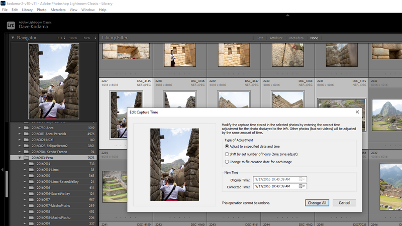 Screenshot of Adobe Lightroom's Edit Capture Time dialog box with sample photos.