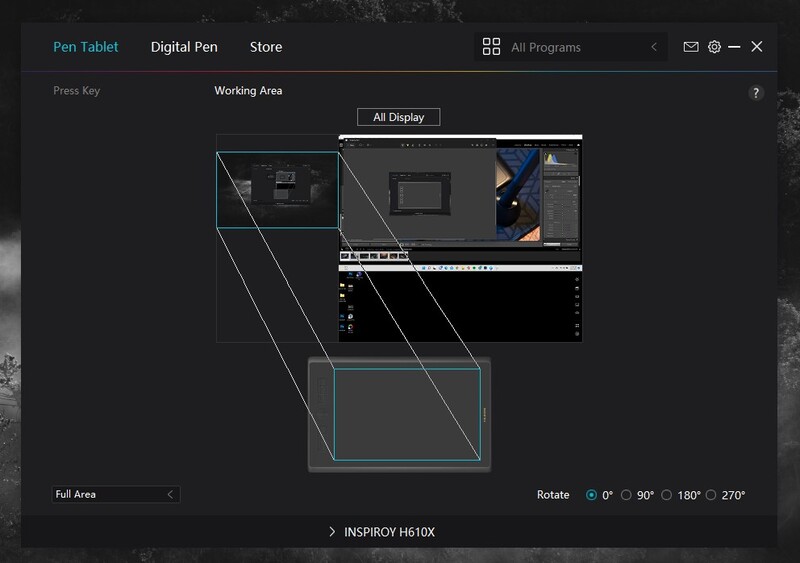 Screenshot of pen tablet driver software showing working area configuration and display preview.
