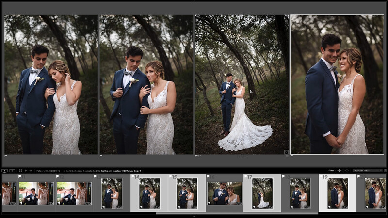 Wedding photography contact sheet showing bride and groom poses in tree-lined setting.