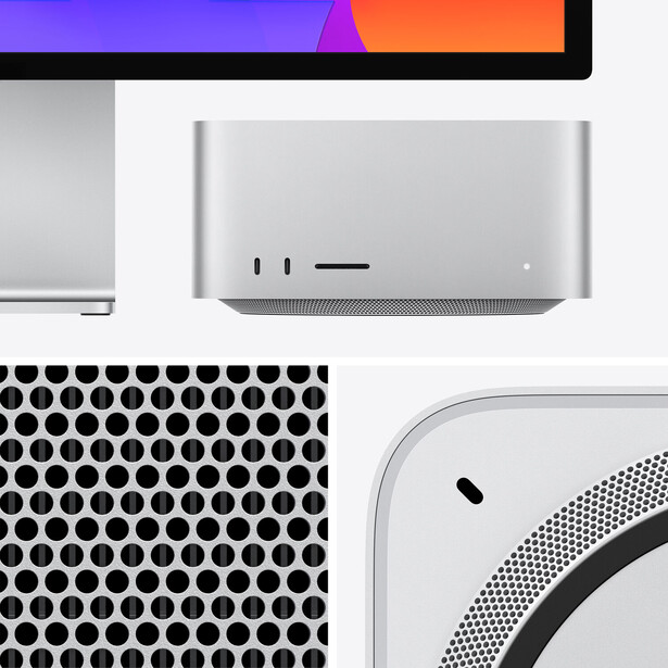 Flat lay composition of modern Apple devices including Mac mini, Mac Studio, and other hardware with minimalist aesthetic.