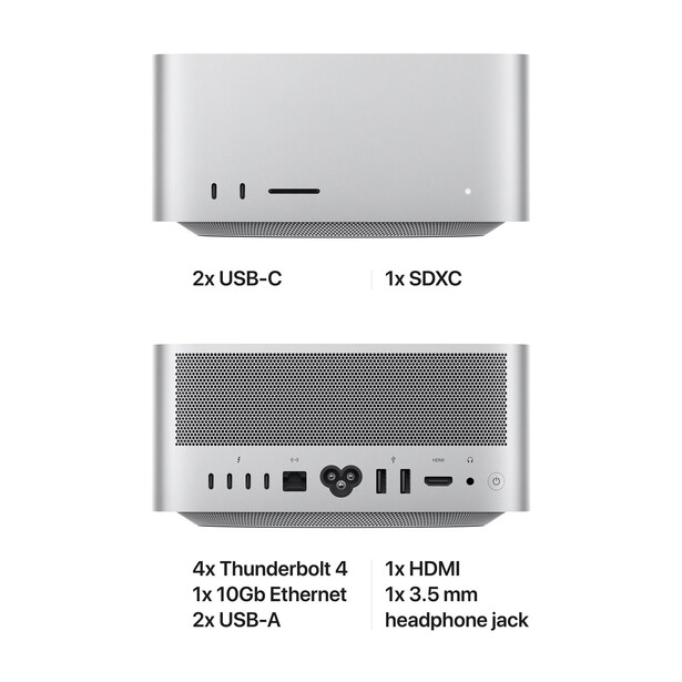 Diagram showing ports and connectivity options on a Mac Studio computer.