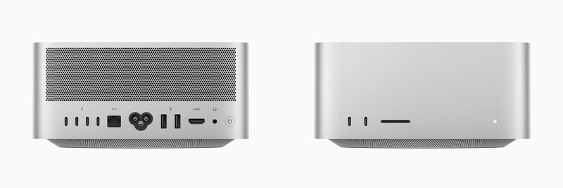 Comparison of front ports and connectivity on two Mac mini models.