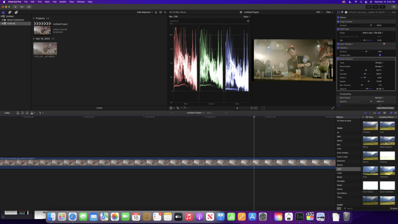 Screenshot of video editing software with waveform display and color grading interface.