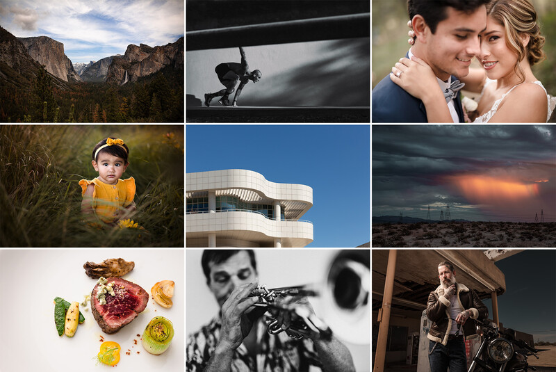 Grid of nine photographs showcasing landscape, portrait, architecture, and still life photography styles.