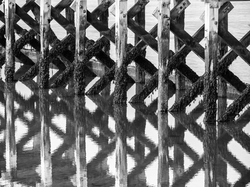 Wooden lattice fence casting geometric shadows on a light surface.