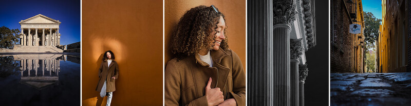 Five vertical photographs showcasing architectural and portrait photography with warm and cool color palettes.
