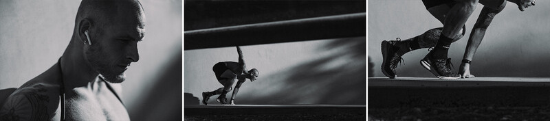 Black and white triptych of an athlete performing pull-ups on a horizontal bar, showing progression of movement.