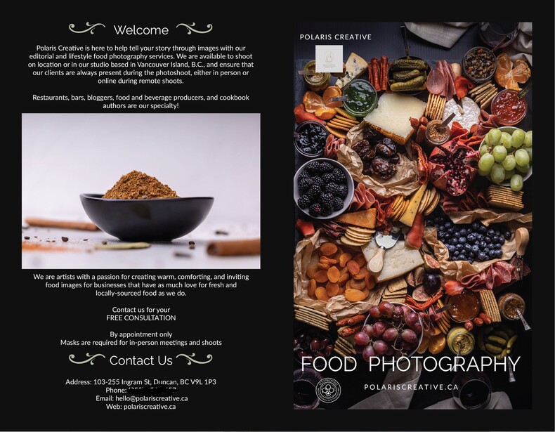 Brochure spread for Polaris Creative food photography services showcasing styled flat-lay composition of charcuterie, produce, and ingredients.