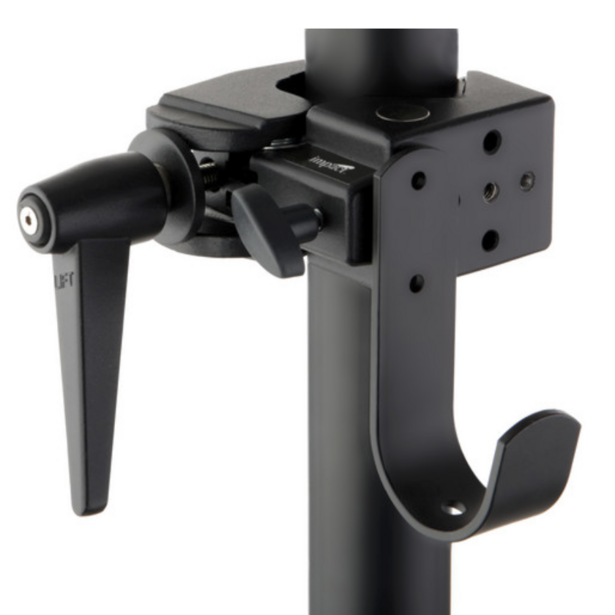Black camera support mount with articulating arm and quick-release plate on vertical post.