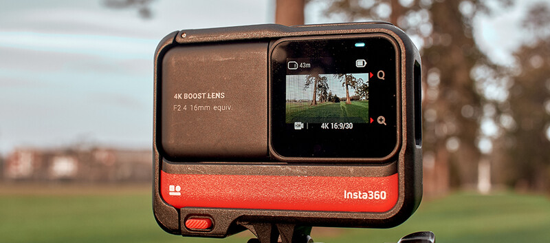 Insta360 action camera displaying 4K video recording interface with boost lens specifications visible.