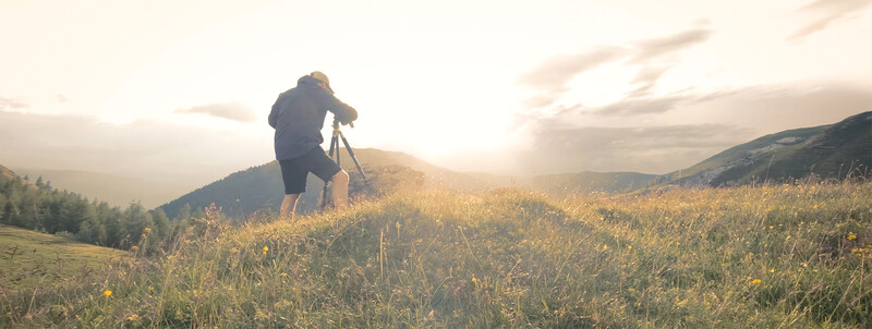 Mountain biker riding uphill through a wildflower meadow at golden hour with forested peaks in the background.