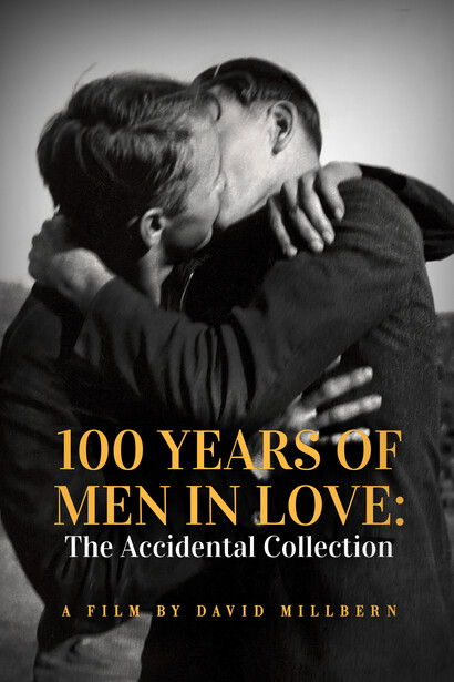 Two men embracing in black and white photography, with film title and director credit overlaid in gold text.