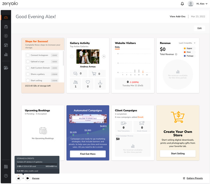 Screenshot of Novocio dashboard showing analytics cards with gallery activity, website visitors, revenue metrics, and campaign management tools.