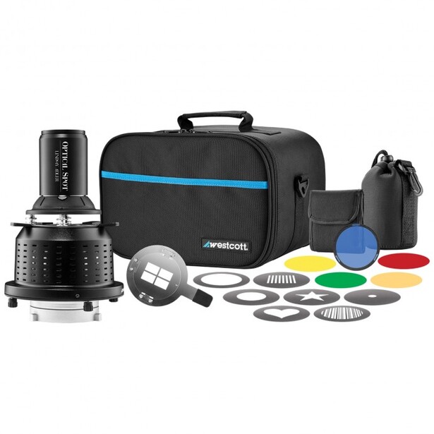 Westcott lighting kit with flash head, carry bag, color filters, and accessories arranged on white background.