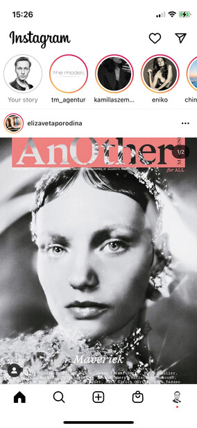 Screenshot of Instagram profile interface with black-and-white portrait photograph displayed in feed.