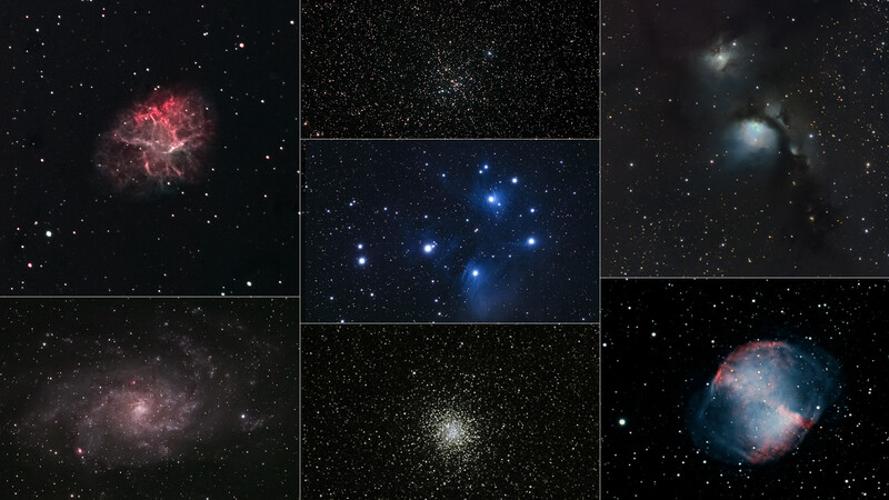 Six astronomical observations showing nebulae, star clusters, and galaxies against black space.