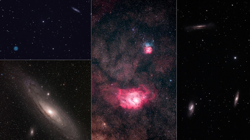 Composite of five deep-space astronomical images showing galaxies and nebulae at various scales and wavelengths.