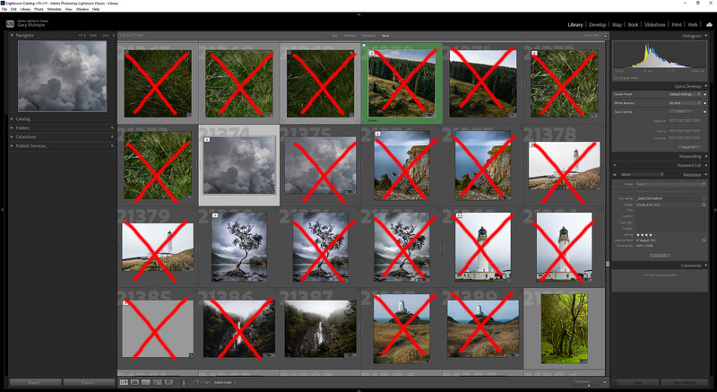 Screenshot of photo library with grid of images, many marked with red X overlays indicating rejected or deleted photos.