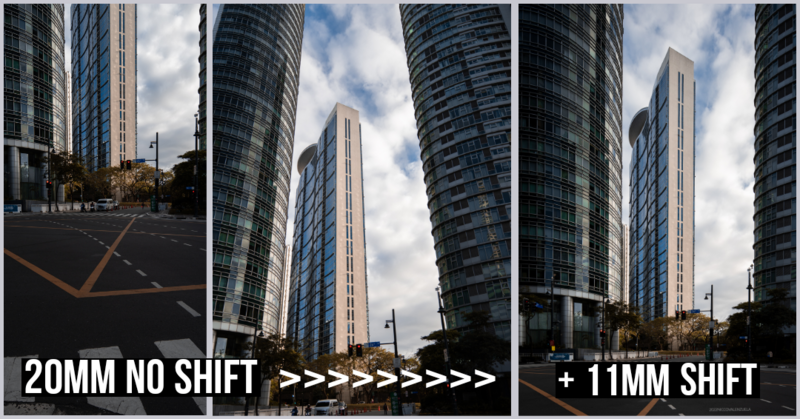 Comparison of perspective shift effects on urban tower photography using 20mm and 11mm lens adjustments.