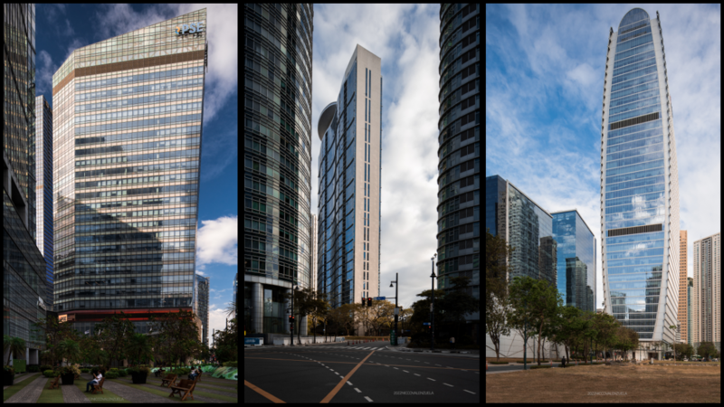 Three-panel urban street photography showing modern skyscrapers and city architecture under partly cloudy skies.