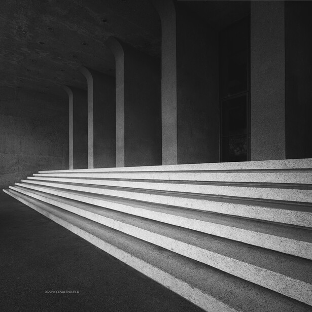 Geometric black and white photograph of receding columns and linear steps creating deep perspective.