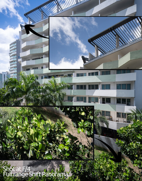 Modern residential building with tropical plants in foreground and reflective sky in inset frame.
