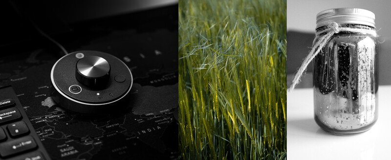 Three black and white and color photographs: a studio microphone, grass field, and water jar.
