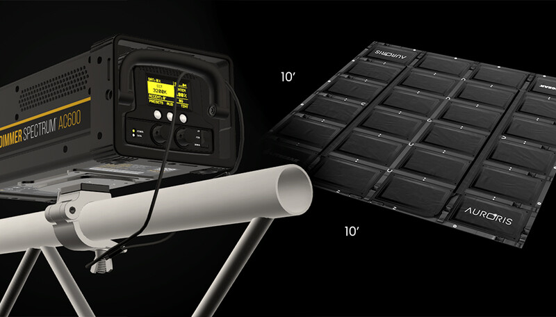 Solar power system setup with control unit, white mounting pole, and black solar panel array with 10-foot dimensions marked.