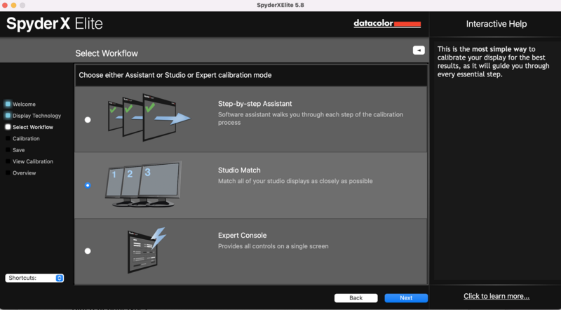 Screenshot of Spyder X Elite software showing workflow selection options for display calibration.