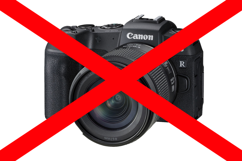 Canon EOS R mirrorless camera with lens covered by red X graphic.