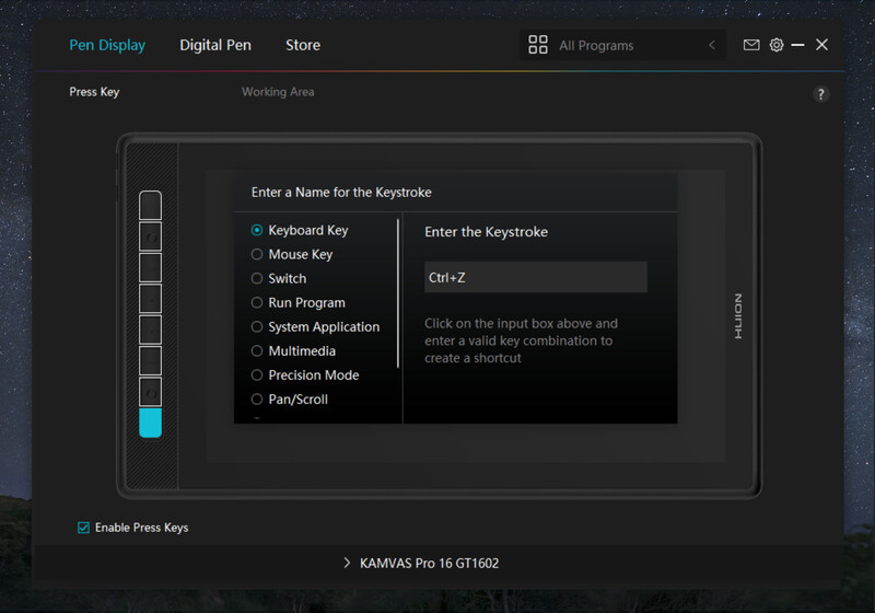 Screenshot of a keystroke programming dialog in Wacom tablet software showing keyboard shortcut configuration options.