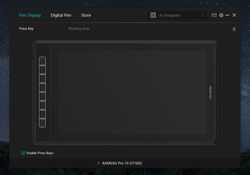 Screenshot of Pen Display software showing the working area and pressure sensitivity settings for a graphics tablet.