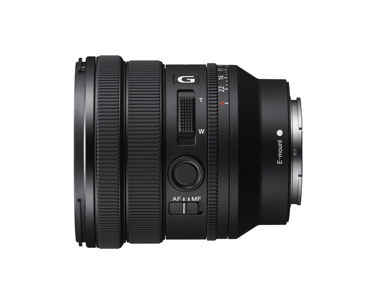Sony G Series wide-angle zoom lens with autofocus and manual focus ring against neutral background.