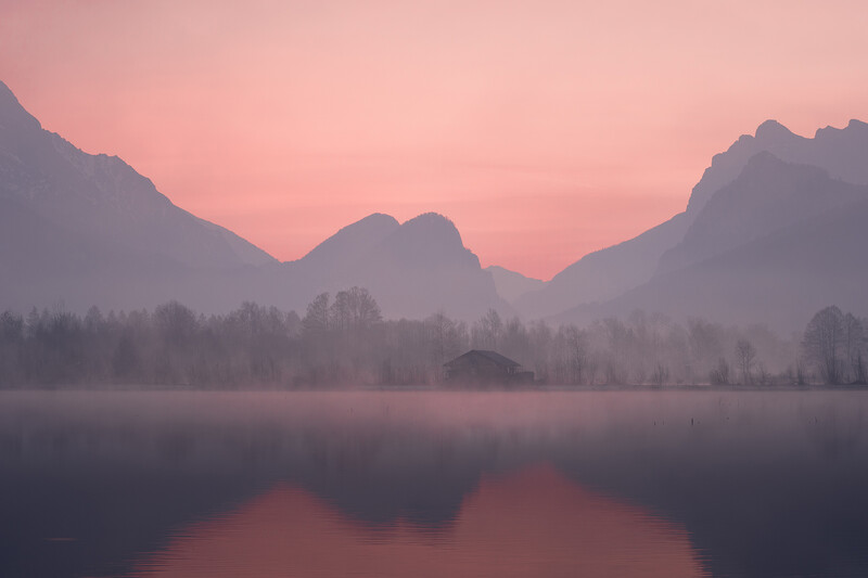 Misty mountain lake at dawn with pink sky and forested shoreline reflecting in still water.
