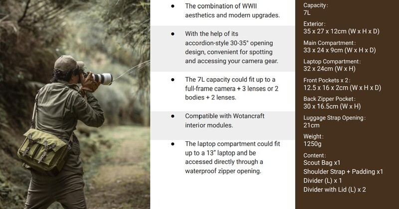 Photographer wearing a tactical camera backpack with WWII-inspired aesthetics, viewed from behind in outdoor setting.