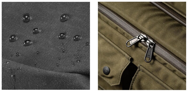 Water-resistant fabric with beaded surface next to metal zipper on olive-toned bag.