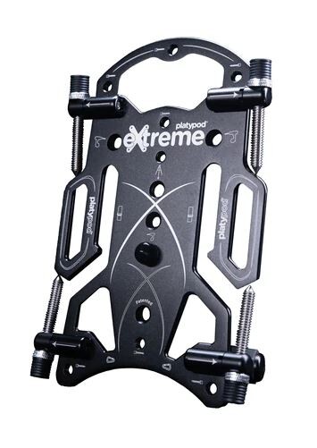 Universal smartphone mount with adjustable grip arms and carrying handle in black and gray.