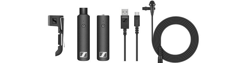 Complete wireless microphone system components laid out in a line.