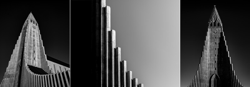 Black and white architectural triptych showing three tall buildings with sharp vertical lines and geometric forms.