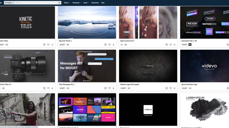 Screenshot of a video editing software interface displaying a grid of project templates and effects.
