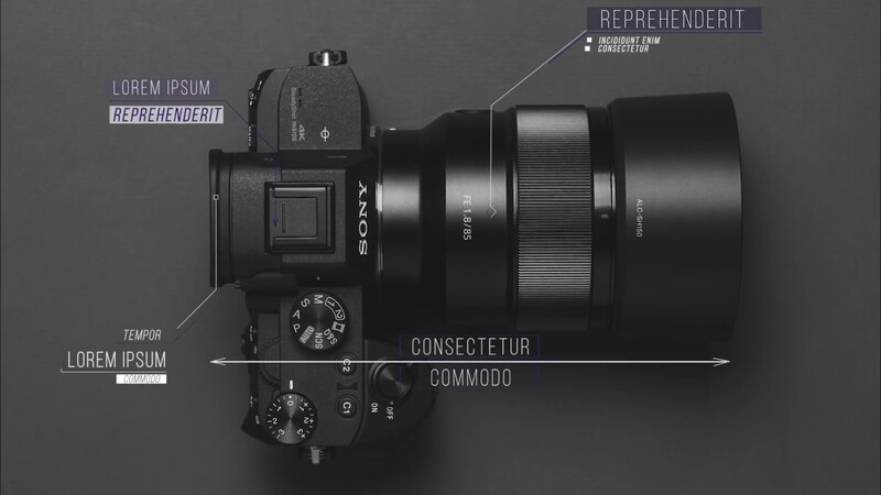 Annotated overhead view of a Sony mirrorless camera with telephoto lens on dark background.